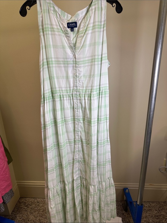Chaps Dresses & Skirts - Chaps White and Light Green Plaid Sleeveless Maxi Dress with Button Front